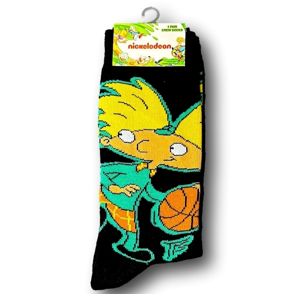 4/$25 Nickelodeon Black and Yellow Hey Arnold Novelty Socks New Basketball